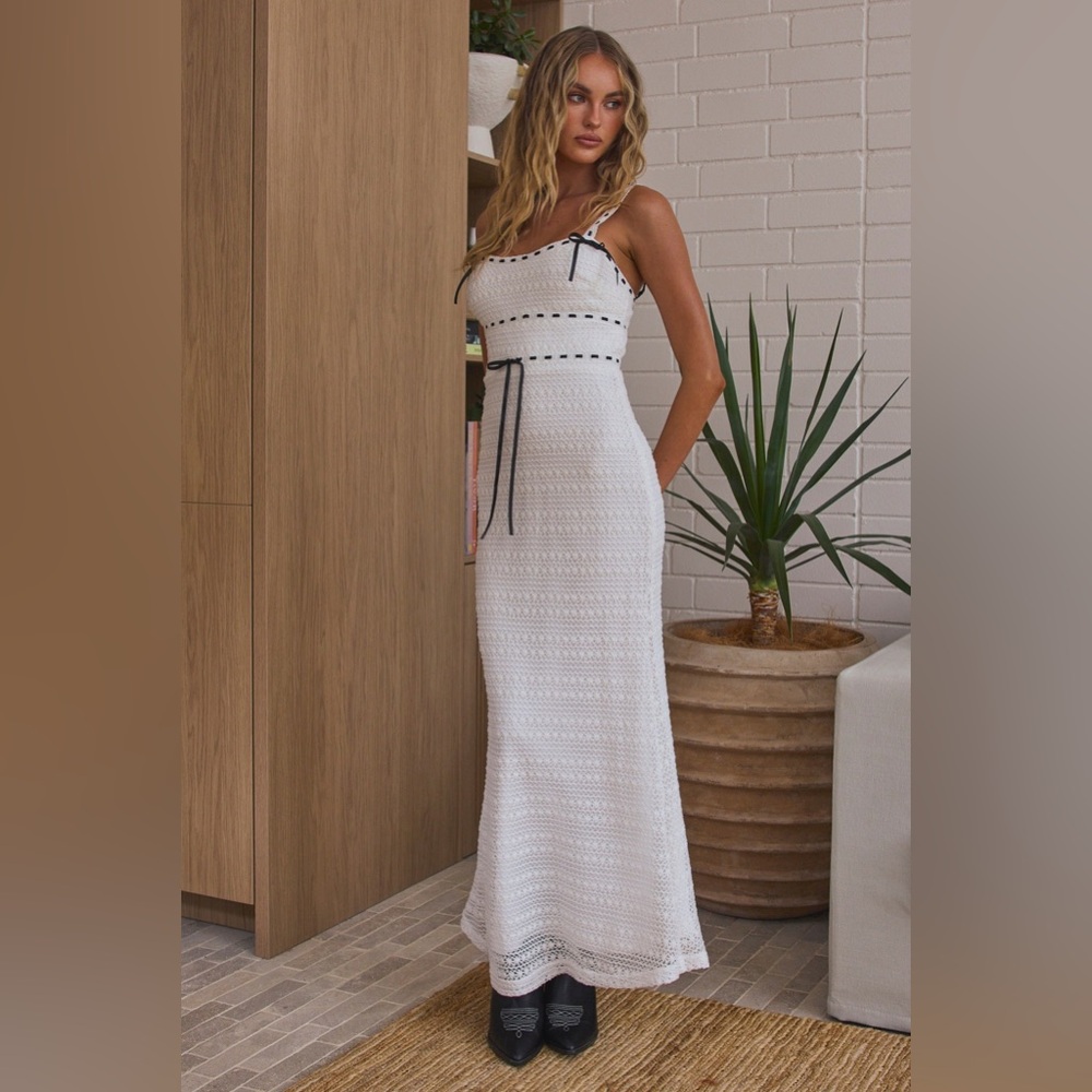 Selfie Leslie Indikah Black White Delicate Femme Knit Ribbon Trim Maxi Dress S - Picture 1 of 8